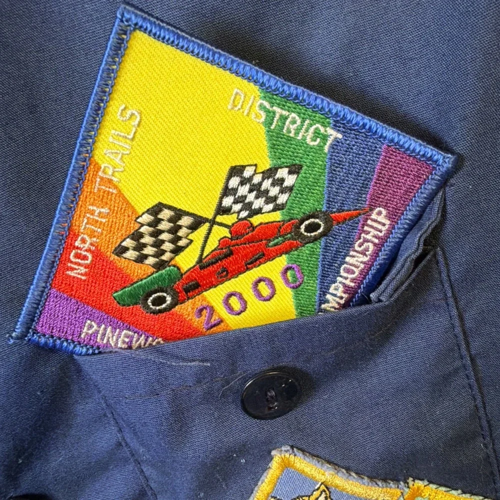 VTG BSA Blue Boy Scouts Official Long Sleeve Uniform Button Shirt Patches Belt